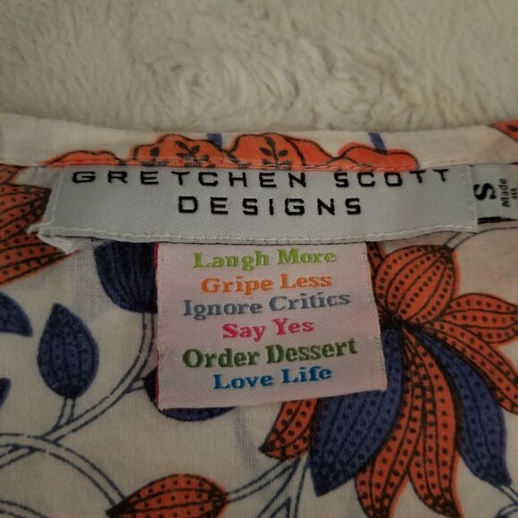 Gretchen Scott Floral Print Tunic Top Cotton White Blue Orange Size Small - Picture 6 of 8